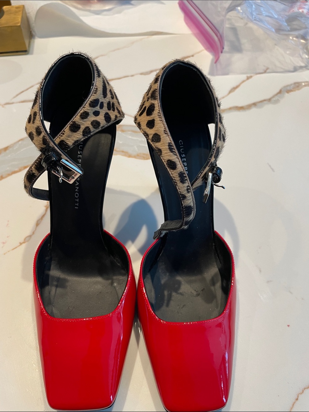 Giuseppe Zanotti Red Patent Pumps with Leopard Ankle Strap Accent